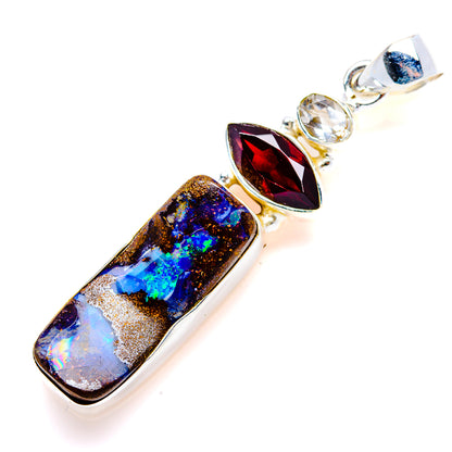Boulder Opal, Garnet, White Quartz Pendant 2" (925 Sterling Silver) PD38249