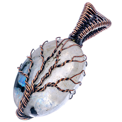 Oval moonstone pendant wrapped in oxidized copper wire, tree-of-life design