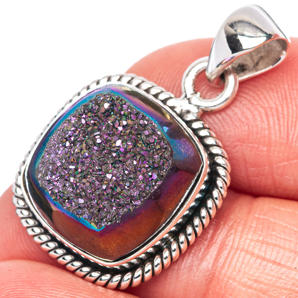 Purple druzy oval pendant in 925 sterling silver with rope border and rainbow sheen
