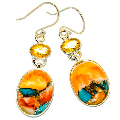 Spiny Oyster Turquoise, Citrine Earrings 1 3/4" (925 Sterling Silver) EARR432052