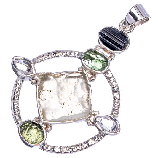 Sterling silver pendant detail with square desert glass, black tourmaline, green peridot, clear gems