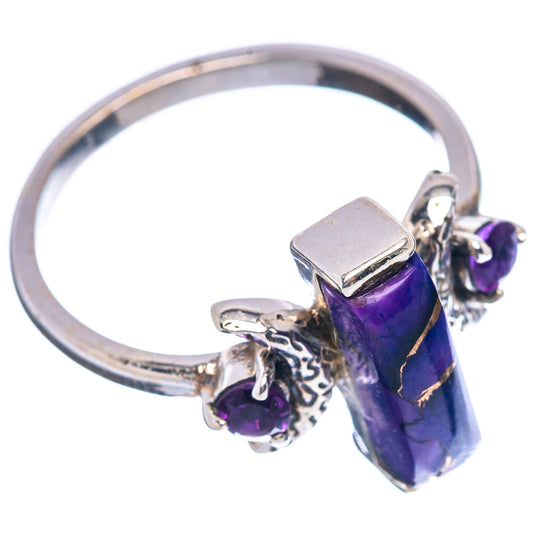 Silver band moon ring with purple rectangular stone and small amethyst clusters
