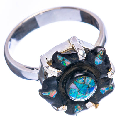 Sterling silver band with black flower opal center and iridescent accents, side view