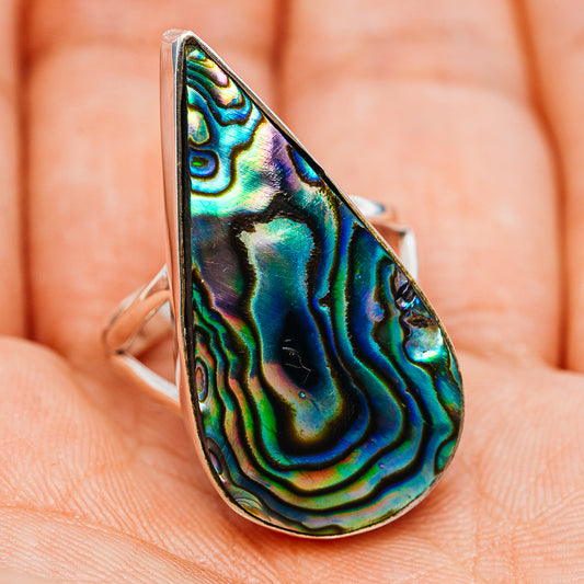 Abalone teardrop ring on finger, .925 sterling silver, size 8.5