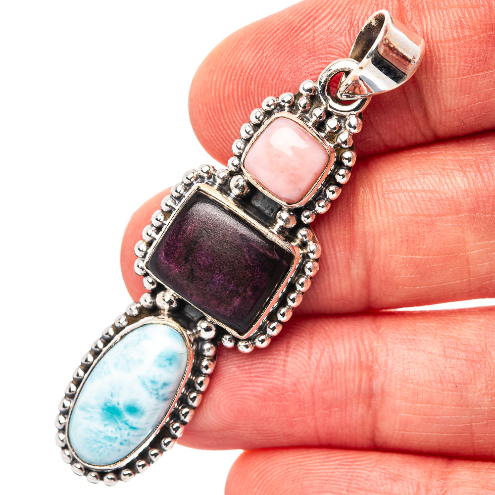 Premium Sugilite, Larimar, Pink Opal Pendant 2 1/8" (.925 Sterling Silver)