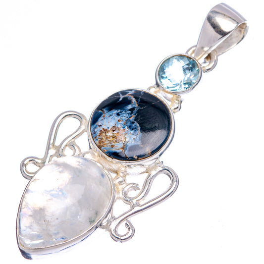 Sterling silver pendant with blue topaz round, dark pietersite, and iridescent moonstone oval