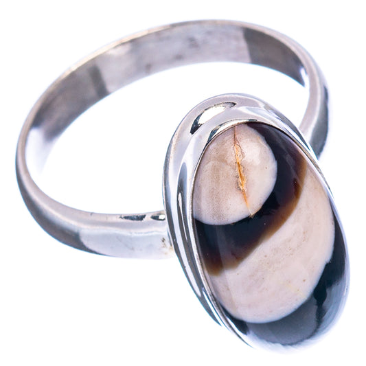 Polished .925 sterling silver ring with oval black-and-white jasper cabochon.