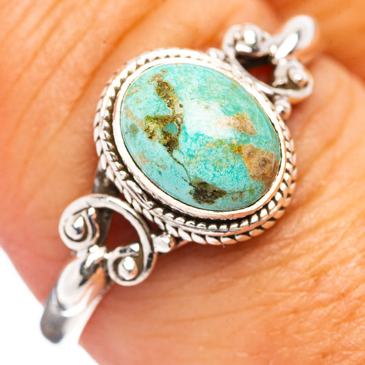Dainty turquoise cabochon ring in .925 sterling silver, ornate bezel, size 9