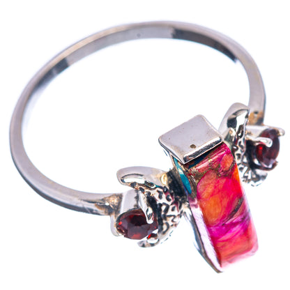 Pink Dahlia Turquoise, Garnet Moon Ring Size 7.75 (.925 Sterling Silver)