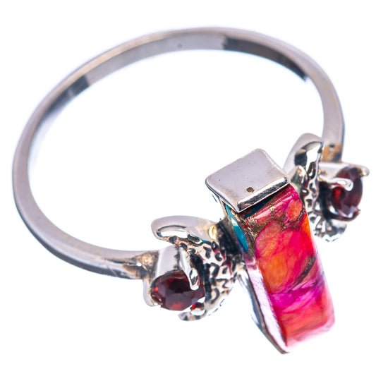 Rectangular pink and orange gemstone ring in .925 sterling silver with garnet moon accents
