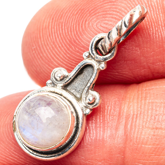 Sterling silver moonstone pendant with round rainbow stone, bail loop at top