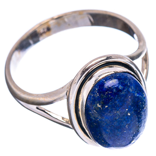 Sterling silver lapis lazuli oval cabochon ring, blue stone bezel detail