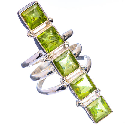 Large peridot ring, square green stones in sterling silver setting, open band style