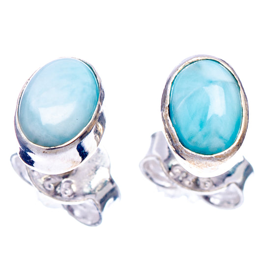 Oval larimar gemstone stud earrings, .925 sterling silver, blue oval stones