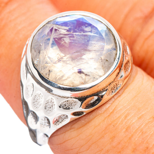 Sterling silver moonstone ring with oval rainbow stone and textured band, size 6.5