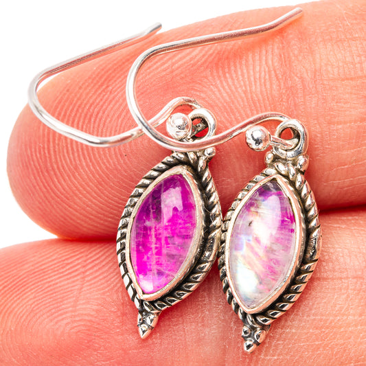 Sterling silver drop earrings with pink teardrop moonstone and ornate frame, fishhook backs