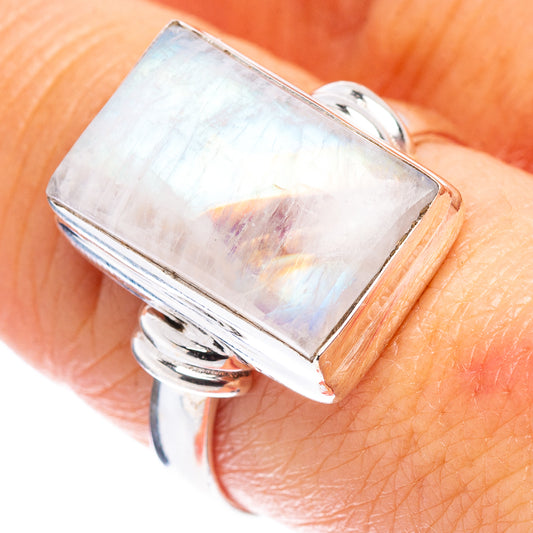 925 sterling silver moonstone ring, size 9, rectangular iridescent stone bezel