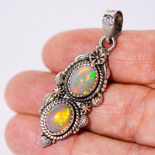 Large Southwestern Style Ethiopian Opal Pendant 1 7/8" (.925 Sterling Silver)