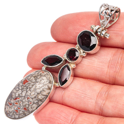 Dinosaur Bone, Garnet Pendant 2 3/4" (925 Sterling Silver) P40076