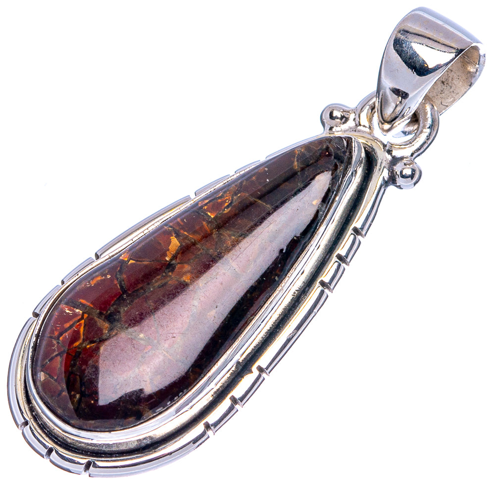 925 sterling silver ammolite pendant, teardrop bezel with amber-red iridescent stone