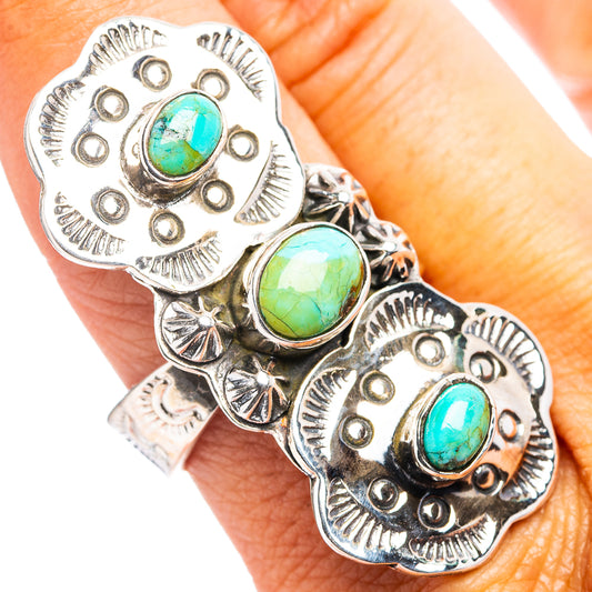 Adjustable sterling silver ring with three oval turquoise cabochons, ornate cutout settings