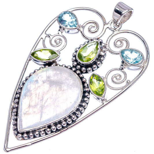 Heart pendant in .925 sterling silver with large rainbow moonstone and colorful gemstone border.