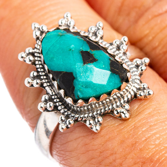 Turquoise gemstone ring in .925 sterling silver, oval stone with ornate bead setting