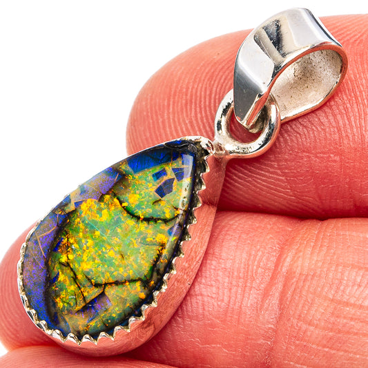 925 sterling silver opal pendant with teardrop blue-green yellow opal in bezel