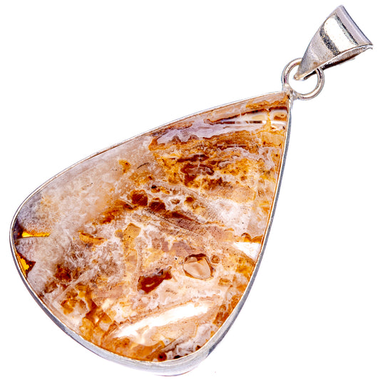 Silver-plated teardrop agate pendant showing mottled amber and cream lace pattern