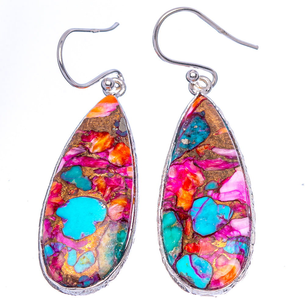 Sterling silver teardrop earrings with pink, turquoise, and gold stone mosaic