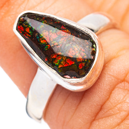 925 sterling silver ammolite ring, size 6, oval black stone with red and green iridescence