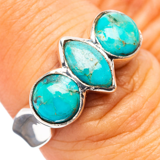 Sterling silver turquoise inlay ring, size 7, oval cabochon with three-stone design
