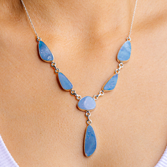 Opal doublet necklace with blue teardrop and oval stones on .925 sterling silver chain