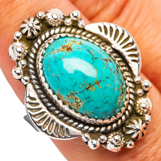 Turquoise oval cabochon ring in .925 sterling silver with ornate leaf beaded edges