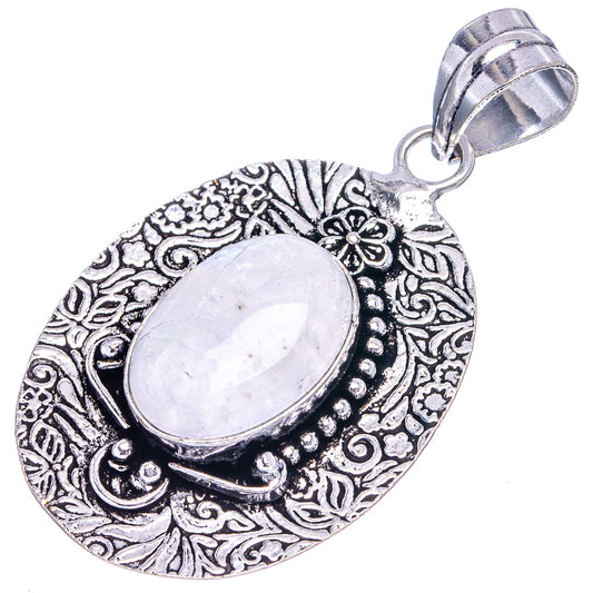 Rainbow moonstone pendant with ornate teardrop design, oval cabochon, and hanging bail
