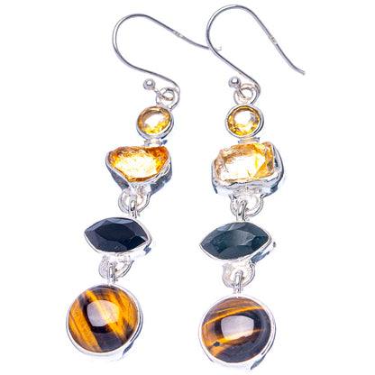 Sterling silver gemstone drop earrings: citrine top, black onyx middle, tiger eye bottom