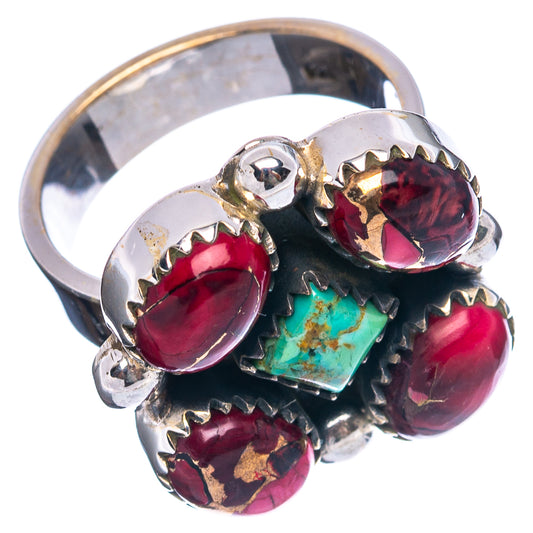 Silver-tone adjustable ring with multiple red oval stones and turquoise center inlay