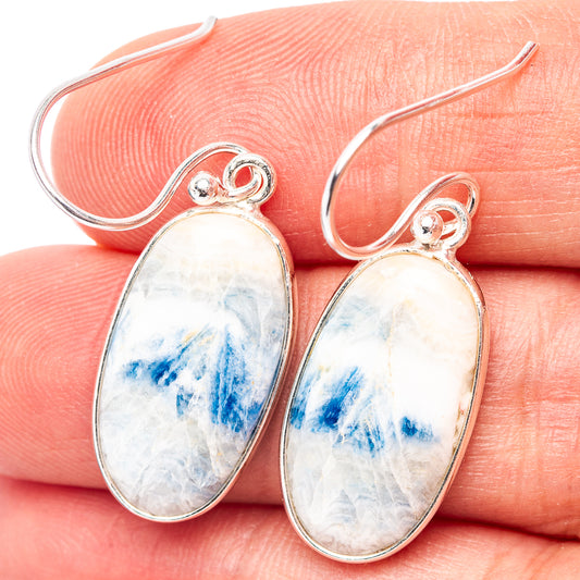 Blue scheelite drop earrings in .925 sterling silver, oval cabochon with blue veining