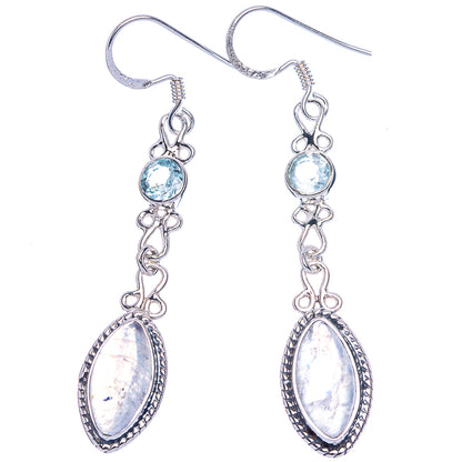 Premium Rainbow Moonstone, Blue Topaz Earrings 2 1/4" (925 Sterling Silver) E1184