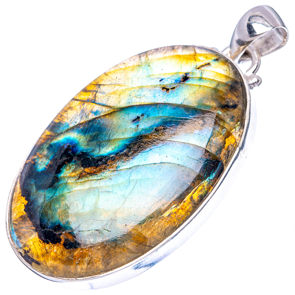Labradorite oval pendant with blue and golden iridescent bands, sterling silver setting