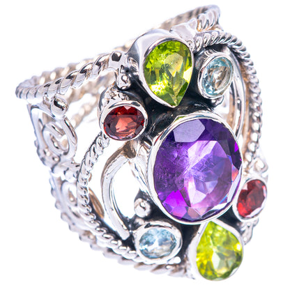 Signature Faceted Amethyst, Peridot, Garnet, Blue Topaz Ring Size 8.75 (925 Sterling Silver) R1786