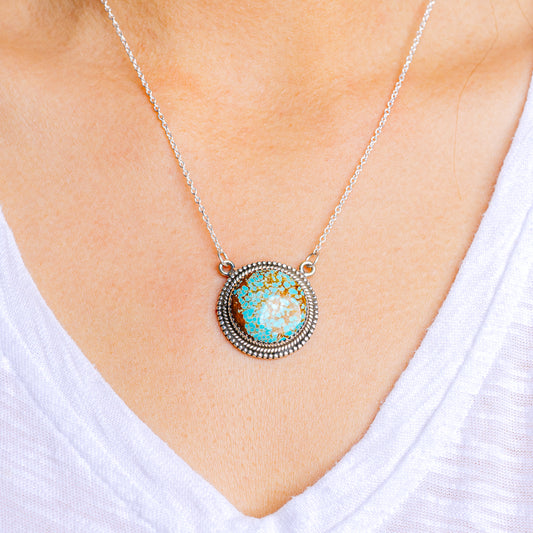 Round mine turquoise pendant necklace in .925 sterling silver with silver chain