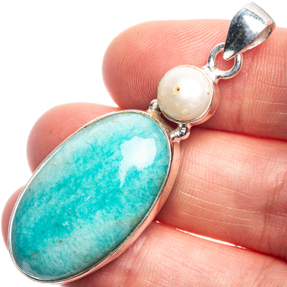 Sterling silver pendant with oval turquoise amazonite stone and round cultured pearl