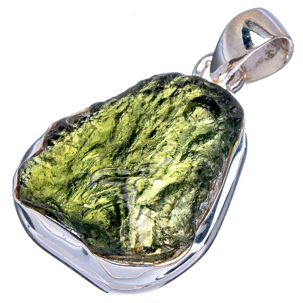 Rare moldavite pendant in 925 sterling silver, bright green stone in open bezel