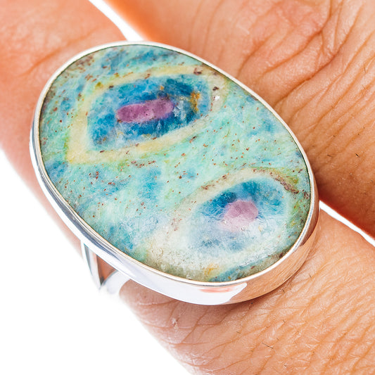 Oval fuchsite gemstone ring with purple-red inclusions on .925 sterling silver