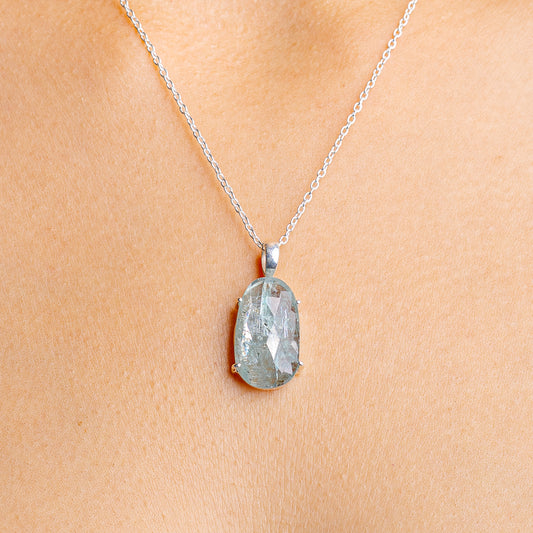 Aquamarine pendant necklace with oval sterling silver chain and faceted teardrop gem