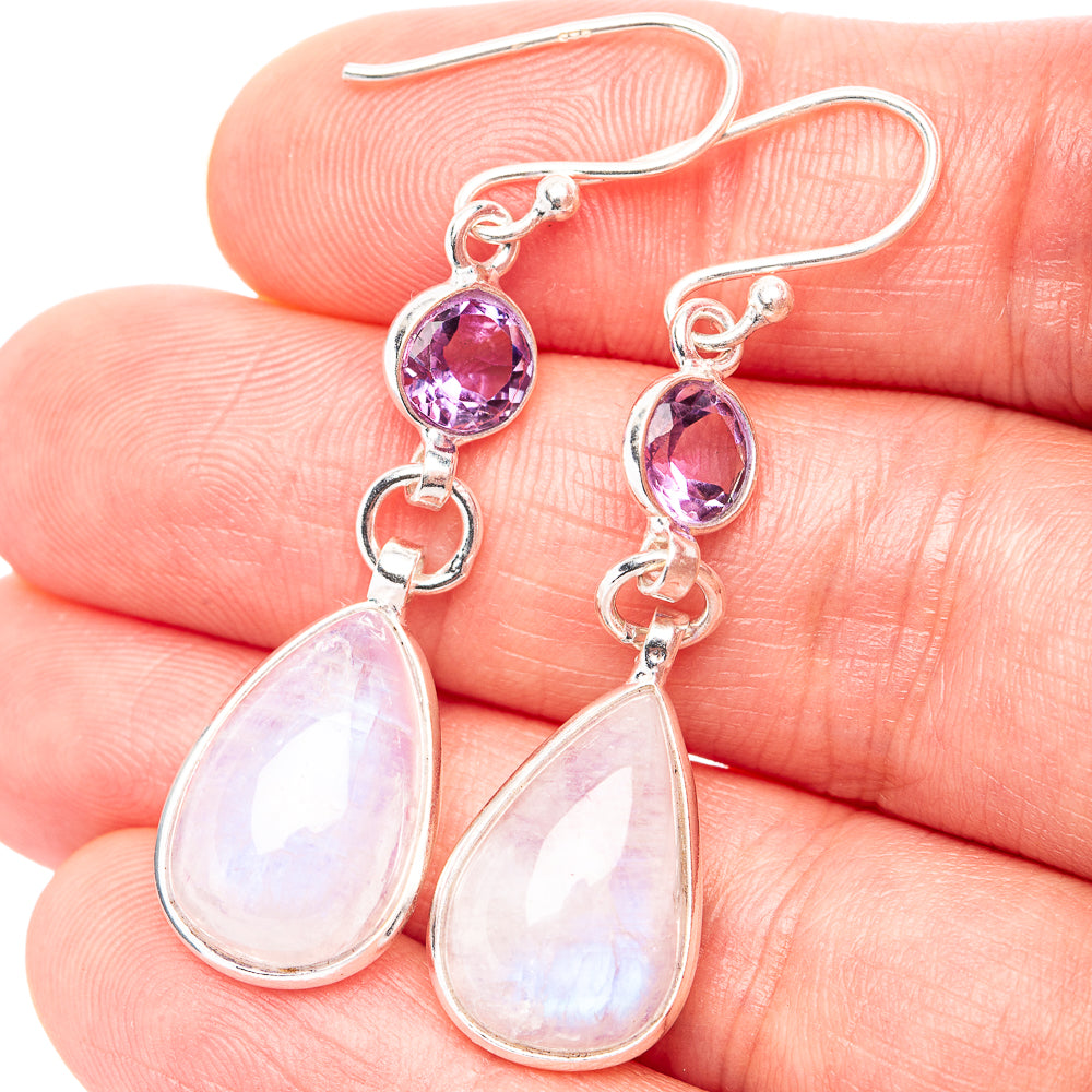Rainbow Moonstone, Amethyst Earrings 1 7/8" (.925 Sterling Silver)