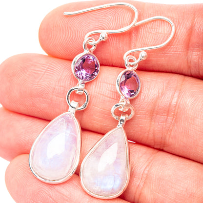 Rainbow Moonstone, Amethyst Earrings 1 7/8" (.925 Sterling Silver)