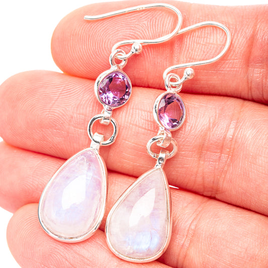 Amethyst and moonstone teardrop earrings, .925 sterling silver with purple accents