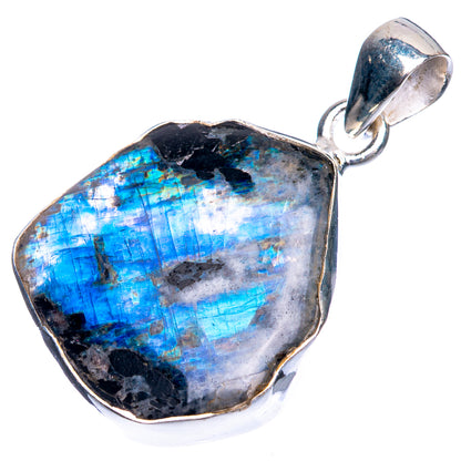Sterling silver moonstone pendant with irregular blue rainbow flash stone and top bail